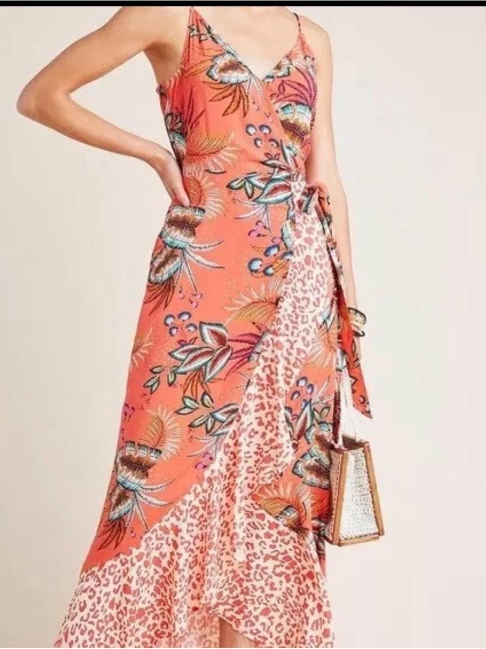 Farm Rio for Anthropologie Floral Coral Wrap Maxi Dress with Leopard Panel. NWT